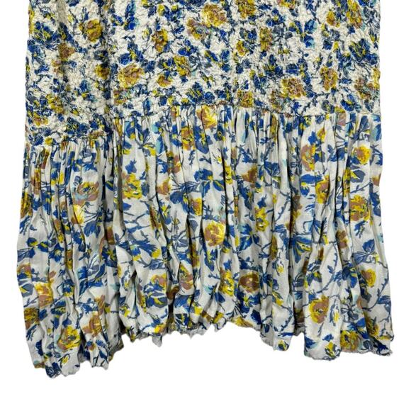 Free People English Garden Smocked Floral Print Dress XS Yellow Blue Boho Mini - Picture 5 of 8
